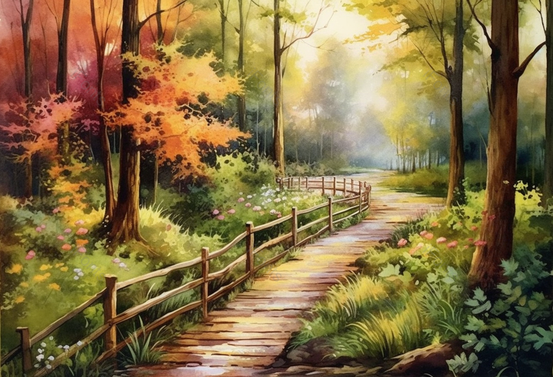 夕阳下的森林中穿插着木头小路梦幻童话背景,插画/手绘图,插画/手绘图库,插画/手绘图下载,插画/手绘